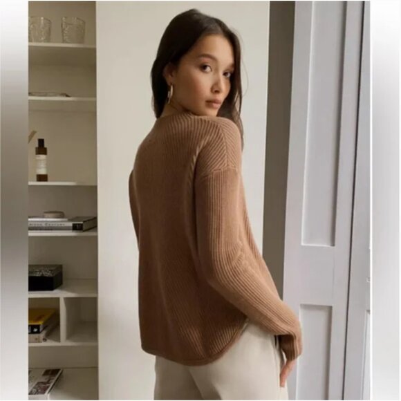 Aritzia Babaton Mock Neck Sweater XS Chalmers Brown Ribbed Knit Wool Linen - Picture 3 of 9